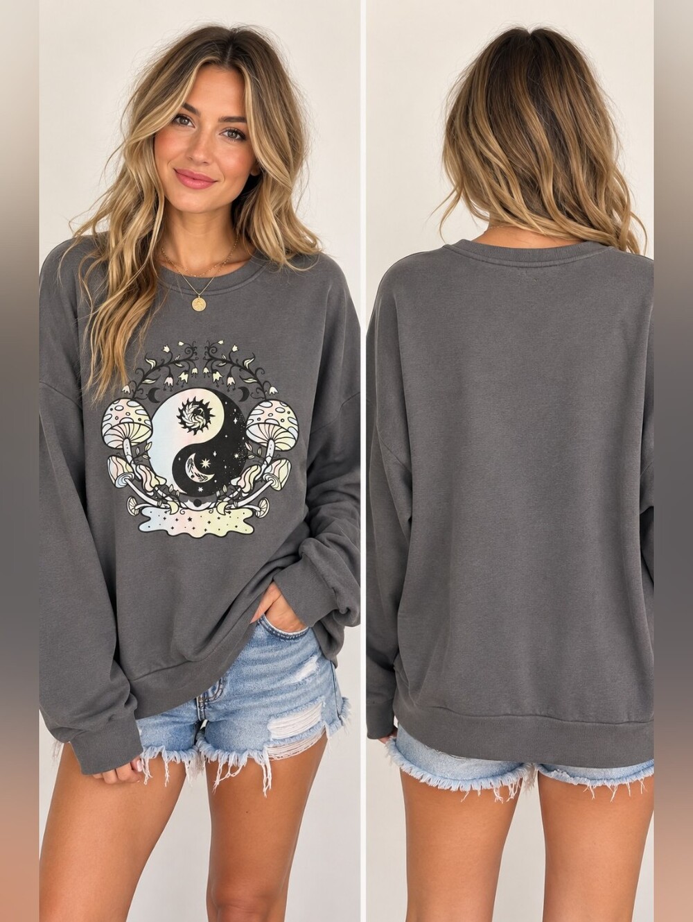 Earthbound Trading Co XXL Yin Yang Mushroom Celestial Graphic Sweatshirt
